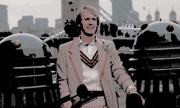 the fifth doctor, surrounded by daleks.
